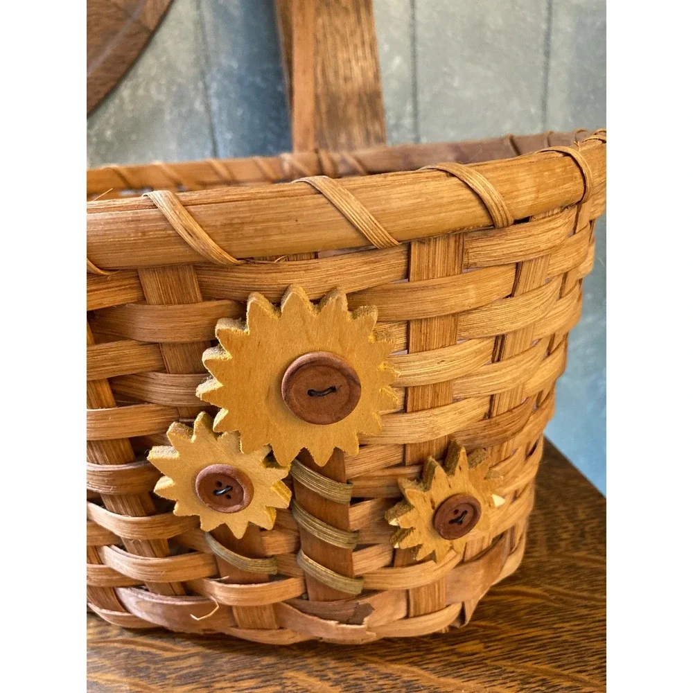 Handwoven Splint Wood Basket with Sunflower Button Accents Rustic Farmhouse